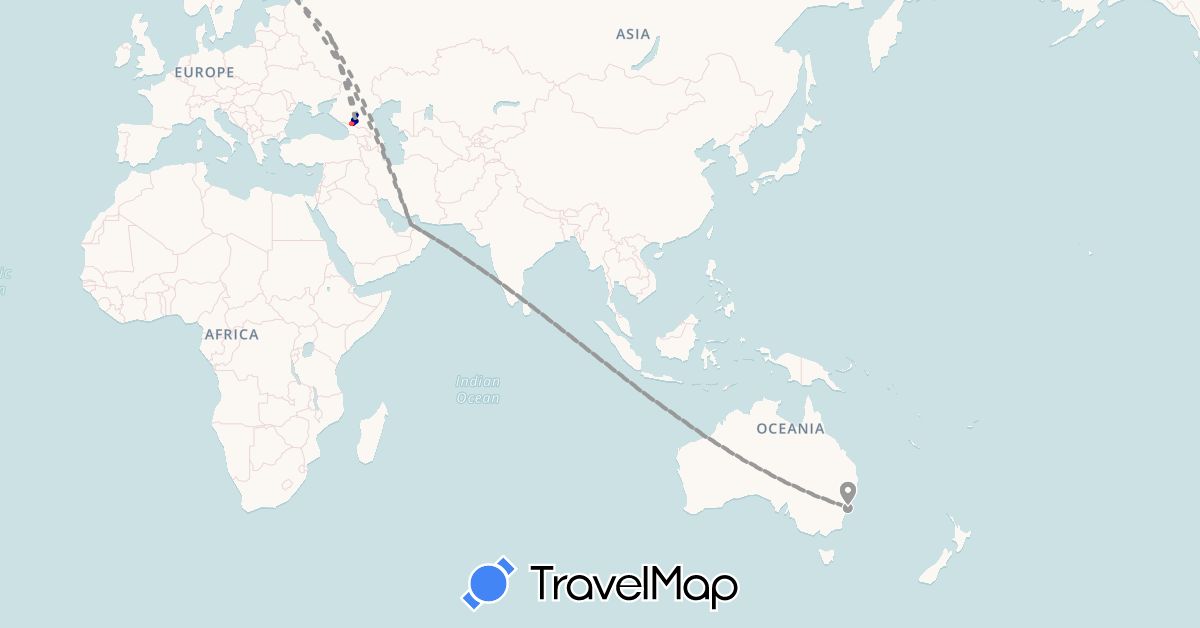 TravelMap itinerary: driving, plane, hiking in United Arab Emirates, Australia, Russia (Asia, Europe, Oceania)