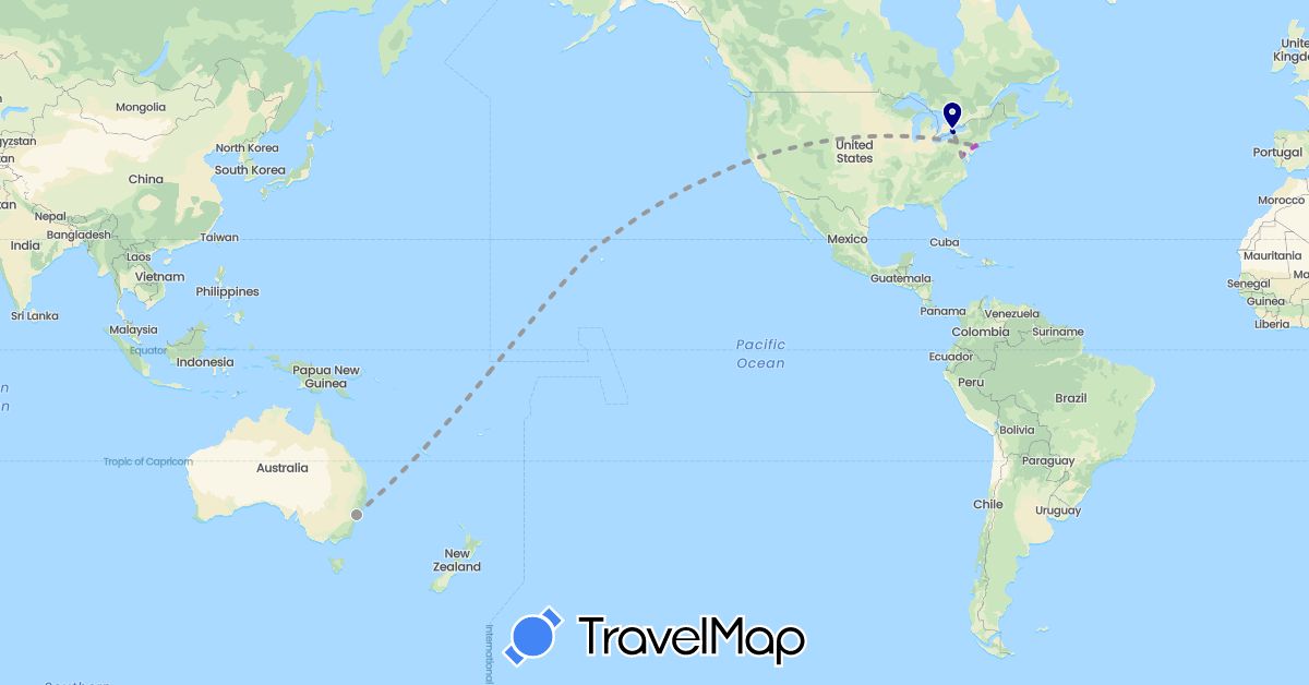 TravelMap itinerary: driving, plane, train in Australia, Canada, United States (North America, Oceania)