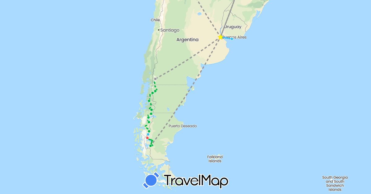 TravelMap itinerary: driving, bus, plane, hiking, boat in Argentina, Chile, Peru, Uruguay (South America)